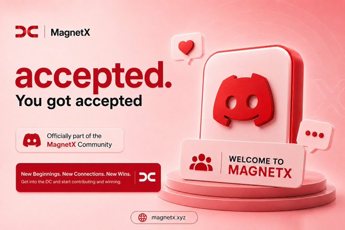 A pink-toned acceptance announcement graphic reading 'accepted. You got accepted' for the MagnetX Community by DC, displaying magnetx.xyz.