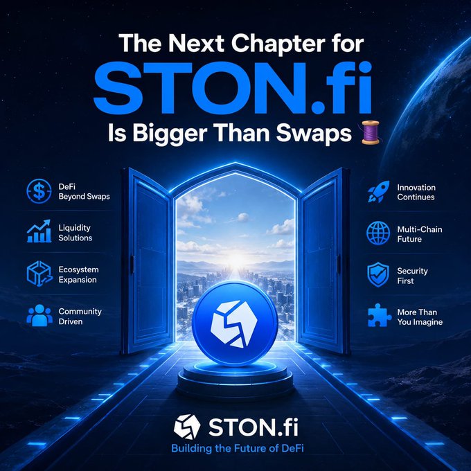 A STON.fi promotional image titled 'The Next Chapter for STON.fi Is Bigger Than Swaps' highlighting features like DeFi Beyond Swaps, Liquidity Solutions, and Multi-Chain Future.