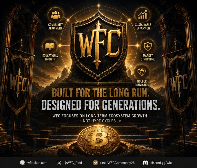 The image features a poster for a cryptocurrency called WFC (What If Coin). The poster showcases a golden shield with a diamond at its center, symbolizing the birth of the cryptocurrency. The background of the poster depicts a castle or palace surrounded by mountains, representing the early days of crypto when it was created to provide financial freedom and ownership opportunities. The text on the poster highlights the importance of trust in the cryptocurrency world, as well as the need for community and vision to ensure its growth and success.