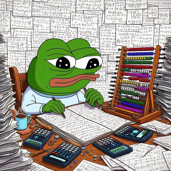 A sad-looking Pepe the Frog sits at a cluttered desk covered in math equations, papers, and calculators, exhaustedly working through calculations. The image humorously illustrates the post's message that NFT holders are the only real "value" a project has, with Pepe's weary demeanor emphasizing that even mathematical proofs can't justify the so-called utility.