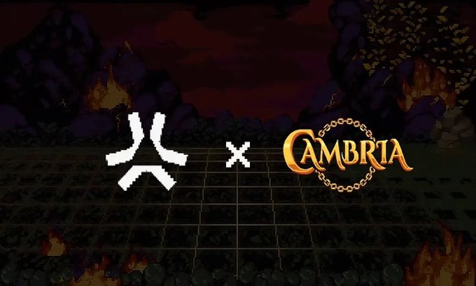A collaboration logo featuring a white stylized character face next to an 'X' and the word 'CAMBRIA' in an ornate gold font, overlaid on a dark, fiery pixel art background.