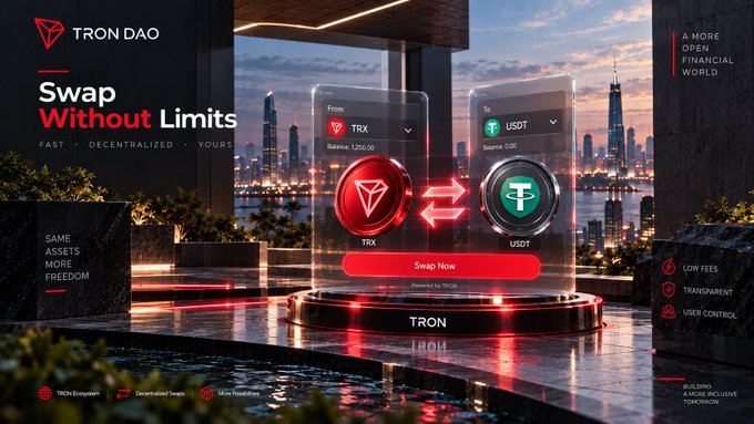 A promotional banner for Tron DAO featuring a cryptocurrency swap interface between TRX and USDT tokens, with the tagline 'Swap Without Limits - FAST, DECENTRALIZED, YOURS' and 'A MORE OPEN FINANCIAL WORLD' set against a cityscape.
