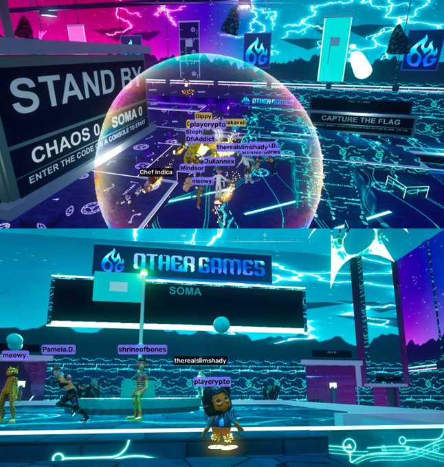 A split-screen capture from a virtual gaming world featuring neon blue and pink environments, with player avatars in a "CAPTURE THE FLAG" match (SOMA 0) and a lobby labeled "OTHER GAMES."