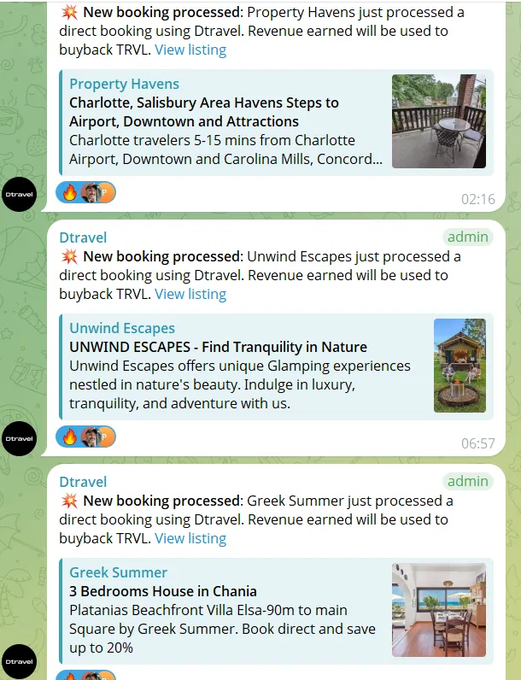 Telegram channel notifications from 'Dtravel' announcing new direct bookings: Property Havens in Charlotte, Unwind Escapes glamping, and Greek Summer's 3 Bedroom House in Chania.