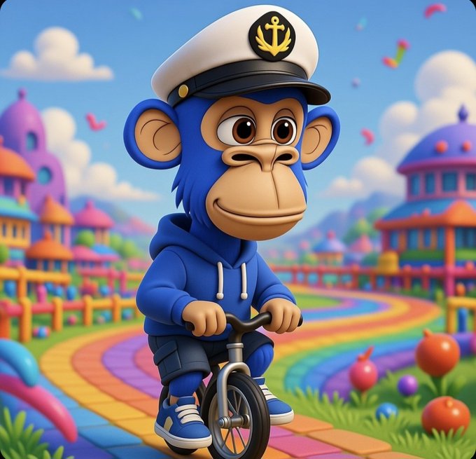 A 3D cartoon illustration of a blue monkey wearing a sailor hat with an anchor emblem and a blue hoodie, riding a small bicycle on a colorful path in a whimsical, colorful landscape.
