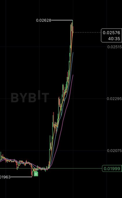 The image shows a trading chart for BYBT displaying a dramatic price spike, with values rising sharply from a low of 0.01963 to a peak of 0.02628, with a notable level marked at 0.02576. The chart visualizes a significant bullish movement, likely reflecting the FLOKI price surge mentioned in the accompanying post thanking "Eliz" for the call on $FLOKI.