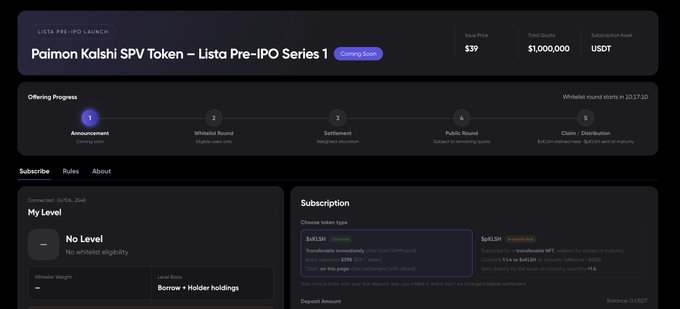 A dark-themed dashboard for the "Paimon Kalshi SPV Token – Lista Pre-IPO Series 1" whitelist offering, priced at $39 per unit with a $1,000,000 USDT total raise. The interface shows the user at "No Level" with no whitelist eligibility and displays subscription options for an $xPLSH token ($0.10 per unit) alongside a deposit balance of 0 USDT, corresponding to the announcement about eligible Lista users depositing USDT to subscribe during the 48-hour whitelist round.