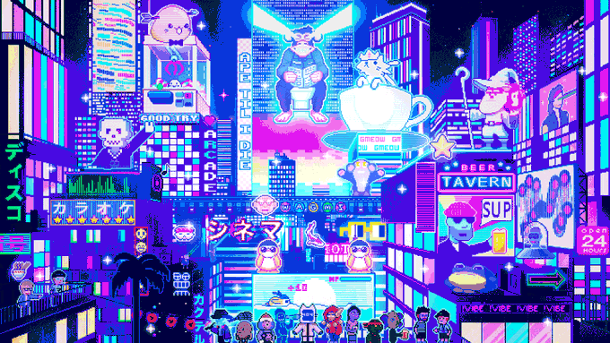 Vibrant pixel art illustration of a cyberpunk Tokyo cityscape filled with neon signs, cat mascots, karaoke parlors, and characters labeled with text like 'GOOD TRY', 'TAVERN', 'DREAM ON EARTH', and 'IVEE IVEE'.