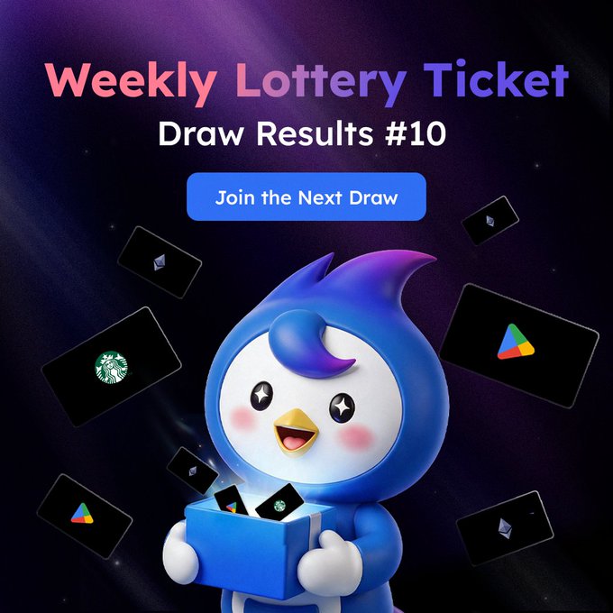 A 'Weekly Lottery Ticket - Draw Results #10' promotional graphic featuring a blue penguin mascot holding a box, surrounded by floating tech-themed icons including Ethereum, Google Play, and Starbucks logos.