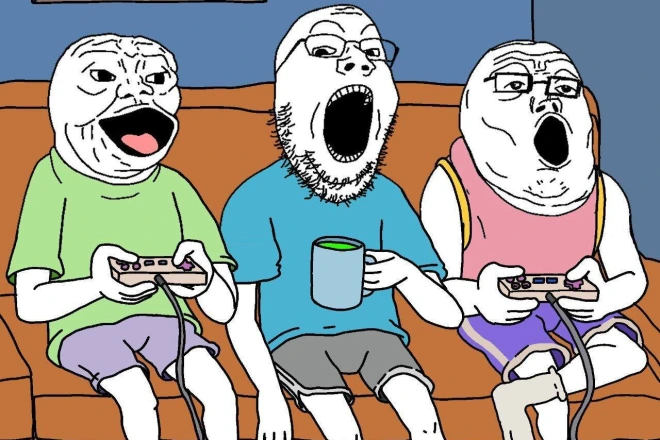 A cartoon illustration parodying the "Soyjak meme" showing three exaggerated figures sitting on a couch, with two holding video game controllers while the middle figure holds a mug, all appearing to be screaming.