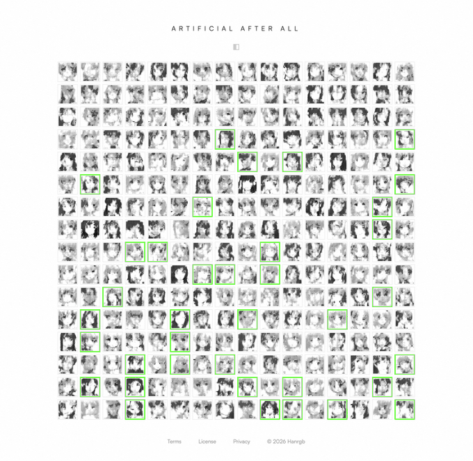 The image features an array of faces, each one unique and distinct from the other. These faces are arranged in a grid-like pattern, with each face being a separate square or rectangle. The faces vary in size and shape, creating a diverse visual experience for the viewer. The image is accompanied by text that reads "Artificial After All" and "256 unique characters, each a sovereign smart contract generated through AI inference on the Ethereum blockchain." This suggests that the image may be related to an AI-generated smart contract or a digital artwork featuring faces as its primary element.