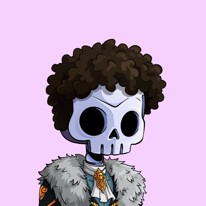 A cartoon illustration depicts a character with a large skull face, curly brown hair, and a fur-lined coat over a teal shirt, set against a solid light purple background.