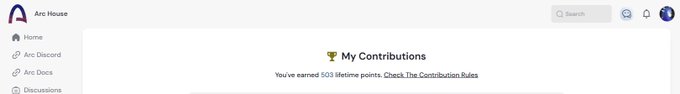 An Arc website page titled 'My Contributions' indicating the user has earned 500 lifetime points, with a sidebar showing options like Home, Arc Discord, and Discussions.