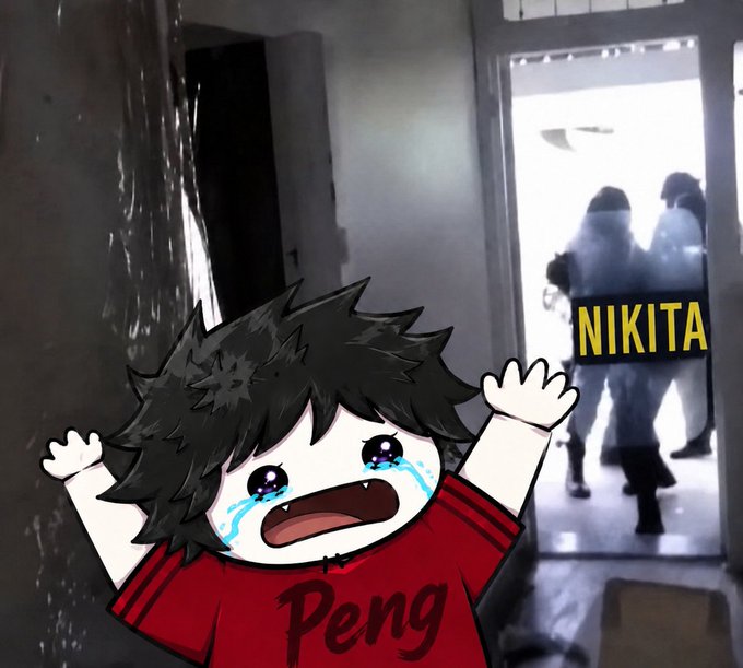 A meme image featuring a crying cartoon character wearing a red 'Peng' shirt with raised arms, overlaid on a dark photograph with the label 'NIKITA' next to shadowy figures.