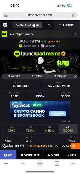 A mobile screenshot from dexscreener.com showing the launchpad.meme token ($LPAD) trading page with a price of $0.0003617, market cap of $350K, and an advertisement for Rainbet Crypto Casino.