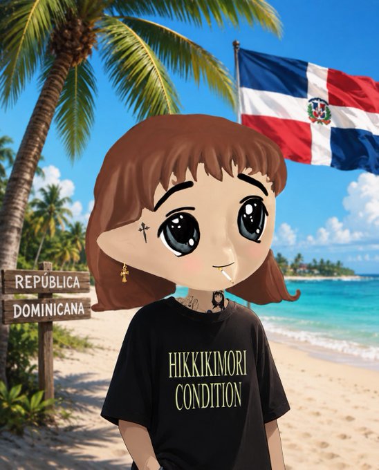 An anime-style girl with brown hair wearing a black 'HIKKIKIMORI CONDITION' t-shirt stands on a tropical beach in front of a Dominican Republic flag and a 'REPUBLICA DOMINICANA' sign.