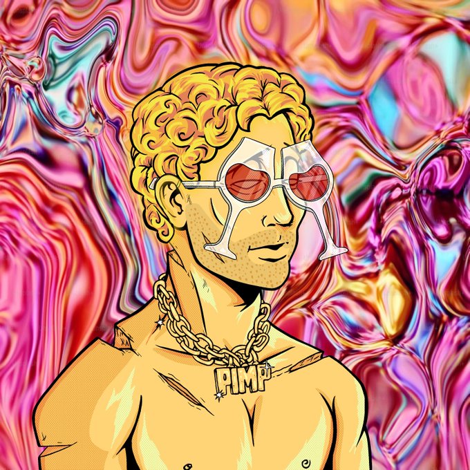 A stylized digital illustration of a muscular, shirtless man with curly blonde hair, wearing white sunglasses and a thick gold chain with a pendant that reads 'PIMP', set against a vibrant, swirling pink and blue background.