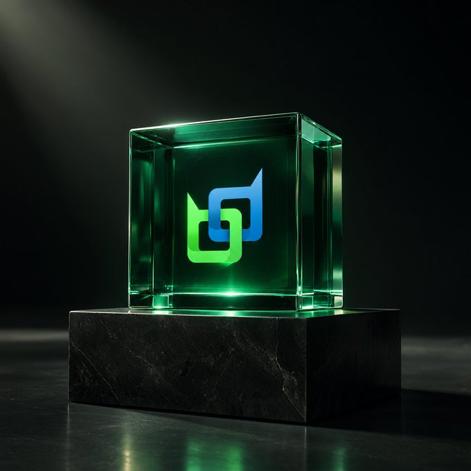 A 3D rendered glass cube on a dark marble pedestal, containing a glowing blue and green interlocking 'U' and 'G' logo, with light rays emanating from above.