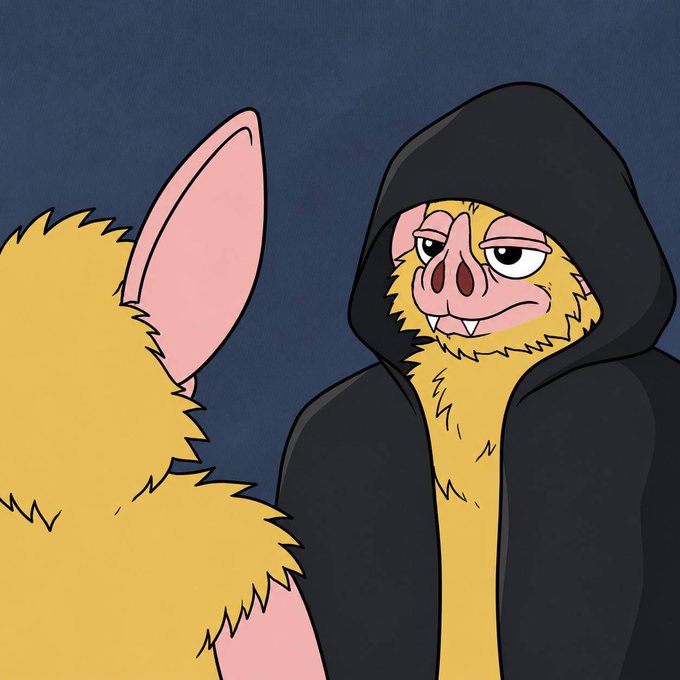 A digital drawing depicting two fuzzy, yellow bat-like creatures against a dark background, with one wearing a black hoodie and smiling slightly.