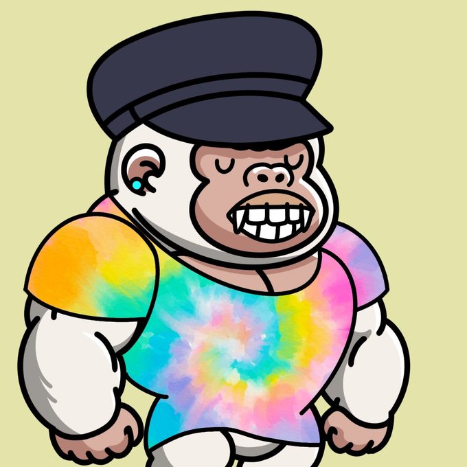A cartoon illustration of a muscular ape character wearing a black cap and a tie-dye shirt on a pale yellow background.