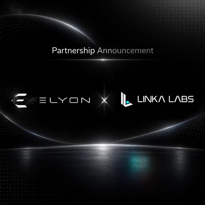 A sleek black digital graphic announcing a 'Partnership Announcement' between 'ELYON' and 'LINKA LABS' with stylized logos.