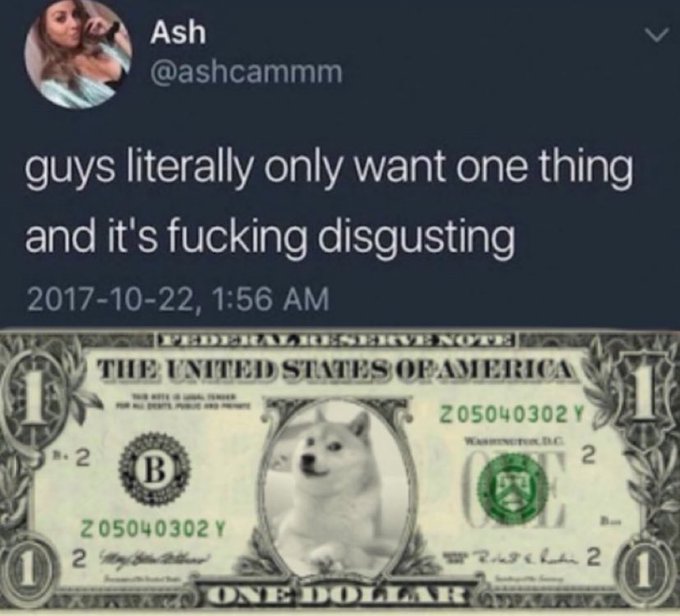 A black Twitter account with a white background displays a meme about the value of money, featuring a dog's face on a $1 bill and text.