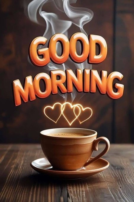 A steaming cup of coffee sits on a wooden table with "GOOD MORNING" displayed in glowing orange 3D text above it, accompanied by three neon heart outlines rising from the cup. The image pairs perfectly with the cheerful "GM" (Good Morning) greeting, evoking a warm, caffeinated start to a bullish week in the crypto markets.