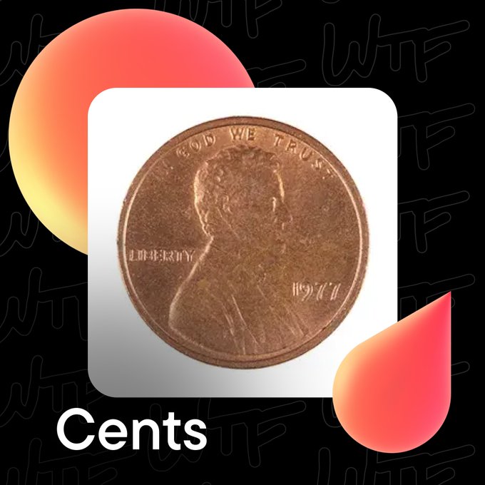 An app icon featuring a 1971 Lincoln penny with 'God We Trust' and 'Liberty' visible, labeled 'Cents' against a black background with orange gradient shapes.