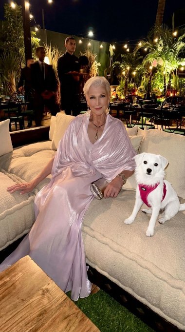 An elegant blonde woman in a lavender silk gown poses on a cream sofa beside a small white dog wearing a pink harness at an outdoor evening event.