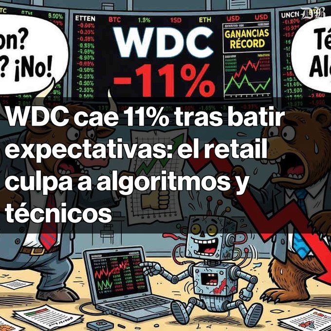A cartoon illustration showing distressed bears and a robot, with stock tickers (BTC, USD, ETTEN, 1SD, ETH) and a headline reading "WDC cae 11% tras batir expectativas: el retail culpa a algoritmos y técnicos," indicating WDC dropped 11% after beating expectations.