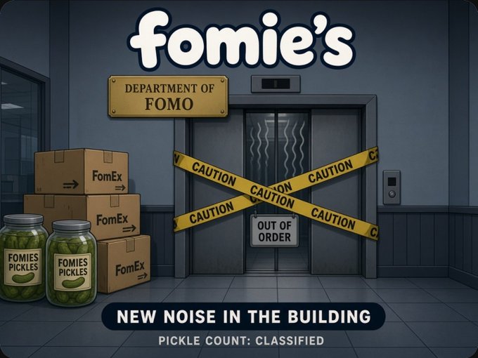 Cartoon-style illustration of a building labeled "fomie's" with a "Department of FOMO" sign, caution-taped elevator marked "OUT OF ORDER," jars of "Fomies Pickles," and text reading "NEW NOISE IN THE BUILDING - PICKLE COUNT: CLASSIFIED."