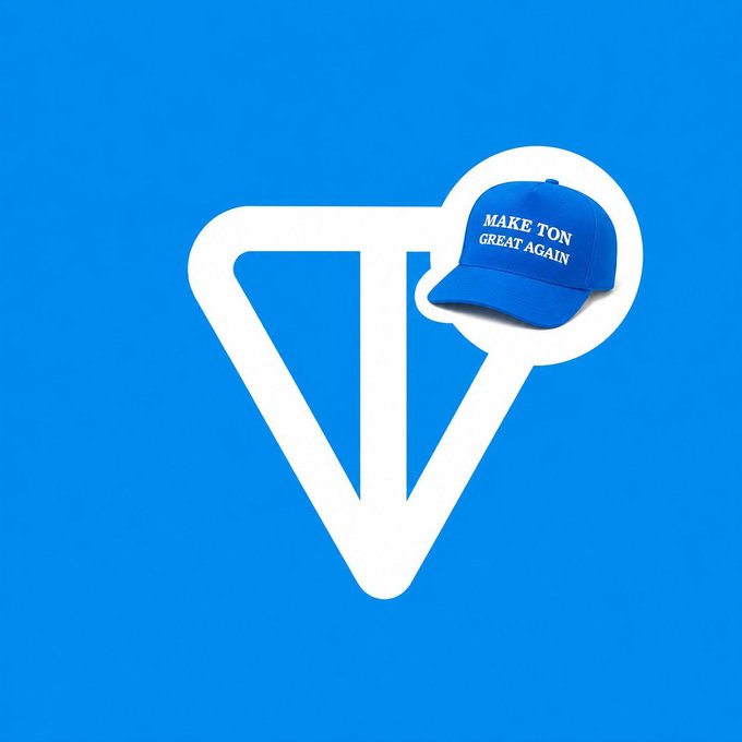 The image features a blue triangle with a white "t" on top, accompanied by an image of a baseball cap with the word "TON" written on it. The caption below reads, "Day 16 of posting the TON logo until everyone talks about $10". This implies that the design and the logo are being released at the same time as the day number 16 is reached, possibly suggesting a connection to politics or consumer goods in some context.