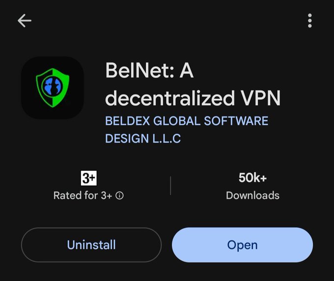 An app store listing shows 'BelNet: A decentralized VPN' by BELDEX GLOBAL SOFTWARE DESIGN L.L.C with 50k+ downloads.