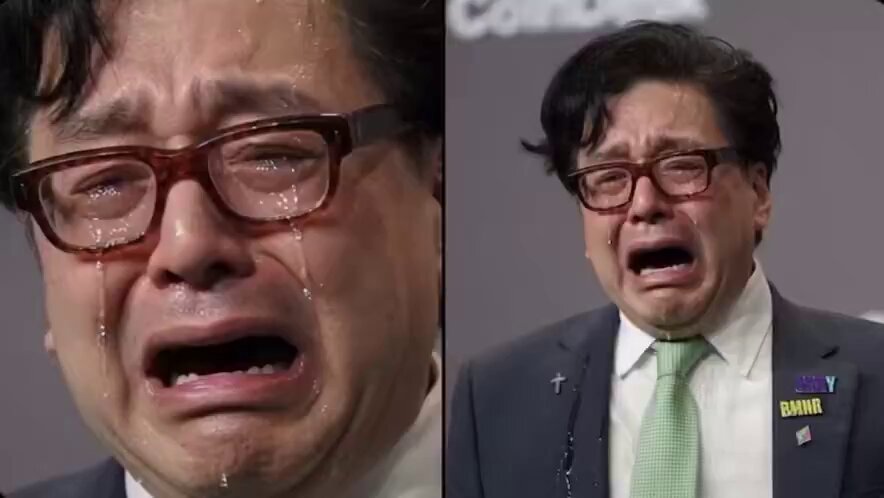 In the first image, an Asian man wearing glasses is seen crying while sitting down, with his eyes streaming with tears as he expresses deep sadness. In the second image, another Asian man also wearing glasses sits next to a black background, appearing to be in tears and displaying a distressed facial expression. These two images are displayed side by side against a gray backdrop, highlighting their emotional impact on viewers. The post also states that there is even a chance of $ETH sweeping at $1200, further emphasizing the dramatic situation depicted in these images.