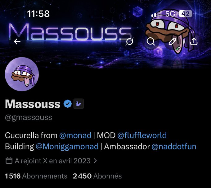 The image shows the X (formerly Twitter) profile of "Massouss" with a purple character avatar and a banner displaying "Massouss" and various icons. The post congratulates Massouss on receiving a badge, likely from @DirolLabsX or a related project, as Massouss is affiliated with @monad, @fluffleworld, @Moniggamonad, and @naddotfun.