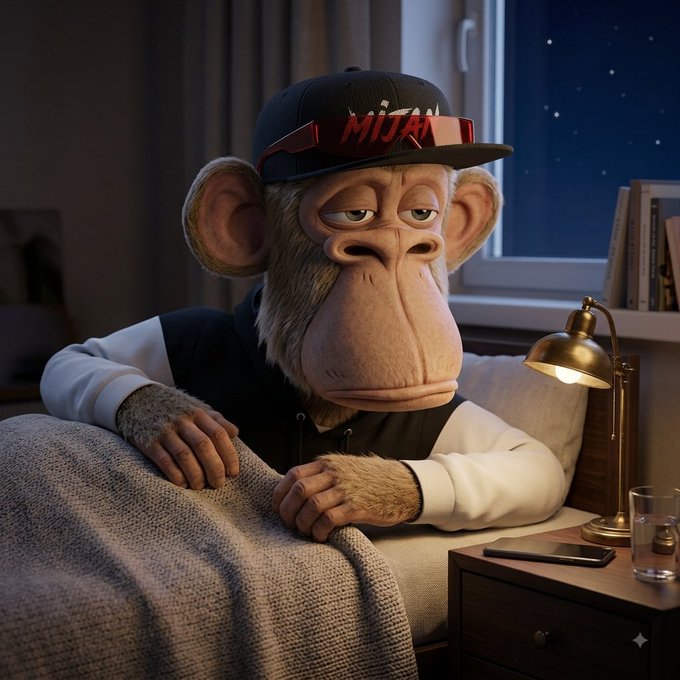 A 3D-rendered monkey character wearing a black cap with red sunglasses perched on top, sitting in bed looking sleepy, with a bedside lamp, glass of water, and phone on the nightstand.