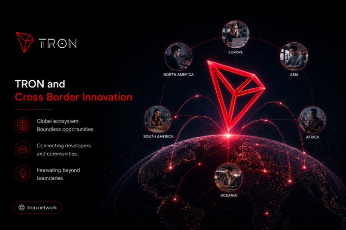 A promotional graphic for TRON titled 'TRON and Cross Border Innovation,' showing global connections across Europe, Asia, Africa, Oceania, South America, and North America (tron.network).