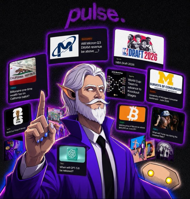 An anime-style figure with silver hair and pointed ears, dressed in a purple suit, stands with one finger raised against a backdrop of prediction market cards covering topics like Micron Q3 DRAM (Economics), NBA Draft 2026 (Sports), Bitcoin's price on June 23 (Crypto), and GPT-5.6 release (Tech), with the "pulse." logo at the top.

The image ties to the post by visually representing Pulse, the prediction platform where participants have been actively making calls across diverse categories (sports, crypto, economics, politics, etc.) to earn their spots on the leaderboard and qualify for the GTD WL allocation.