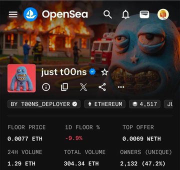 An OpenSea NFT collection page displays 'just t00ns' by T00NS_DEPLOYER on Ethereum, with 4,517 items, a floor price of 0.0077 ETH (down 9.9%), and 24H volume of 1.29 ETH.