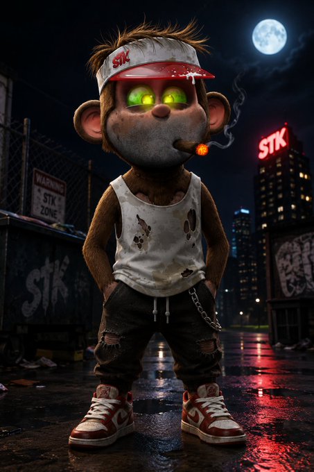 A 3D-rendered, cartoonish character with glowing green eyes, wearing a 'STK' cap, a torn tank top, and smoking a cigar, stands in a gritty alleyway at night with a 'STK' neon sign in the background.