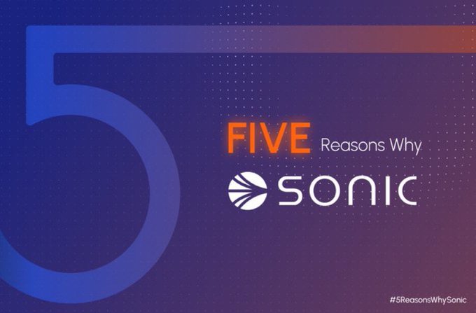 A purple and blue gradient graphic features a large stylized '5' with the text 'FIVE Reasons Why SONIC' and the hashtag '#5ReasonsWhySonic'.