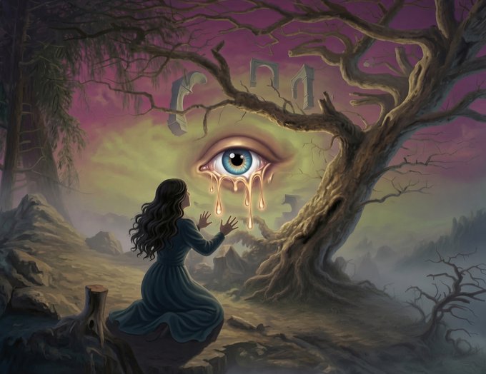 A surreal fantasy digital artwork showing a woman in a blue dress kneeling before a giant weeping eye embedded in a gnarled tree under a purple and orange sky.