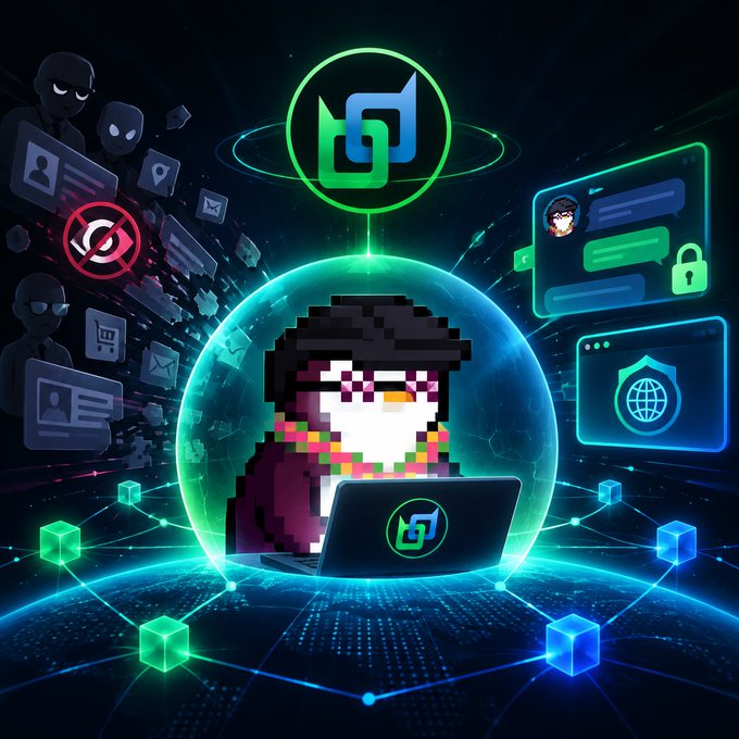 Digital artwork featuring a pixelated penguin character working on a laptop inside a glowing blue sphere, surrounded by neon green blockchain/crypto icons and shadowy hacker figures.