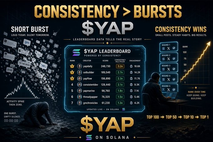 A promotional graphic titled 'CONSISTENCY > BURSTS' advertises the '$YAP' leaderboard on Solana, displaying a top 7 ranking list, 'Consistency Score' multipliers, and a visual chart emphasizing steady habits.