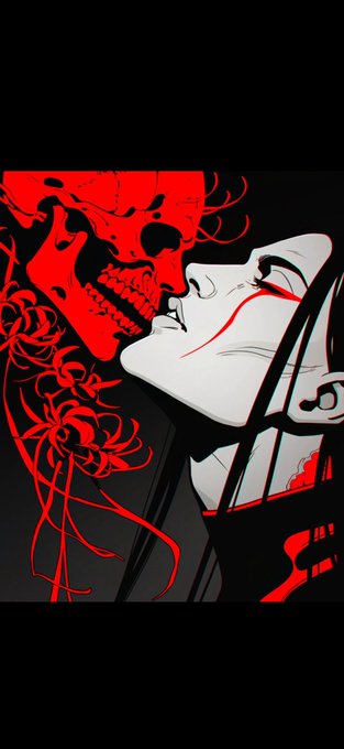 A striking illustration features a red demon skull kissing a pale-faced woman with red-tinted eyes, rendered in a bold, gothic style with red spider lilies in the background. The artwork is shared as a celebration of reaching 4.6K followers and is captioned as "$ITIA vibes," drawing creative inspiration from the artist @IThinkItsArt.