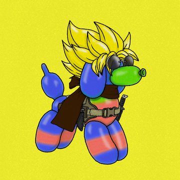 A colorful, cartoon-style illustration of a blue and pink pony character with spiky blonde hair, wearing a brown cape, sunglasses, and a green gas mask, set against a bright yellow background.