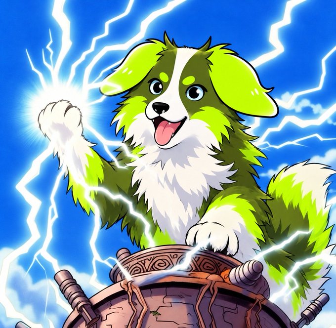 An animated illustration of a green and white dog with a happy expression, surrounded by lightning bolts while standing on a pedestal.