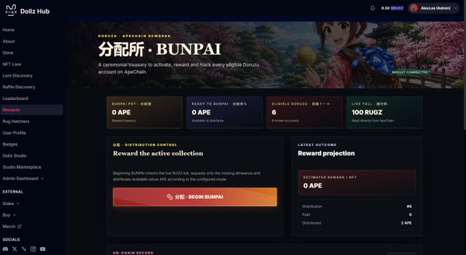 A dashboard for 'Dalzz Hub' showing a 'BUNPAI - APEChain Rewards' distribution page with metrics like 'BUNPAI POT: 0 APE' and 'ELIGIBLE DONUZU: 6'.