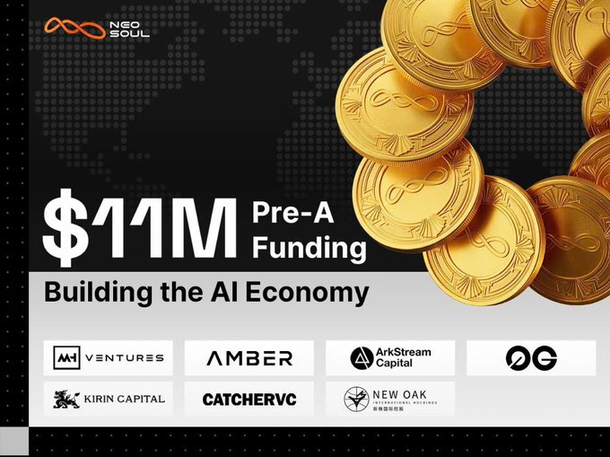 Neo Soul announces $11M Pre-A Funding for 'Building the AI Economy,' listing investors including MAV Ventures, Amber, ArkStream Capital, G, Kirin Capital, Catchervc, and New Oak.