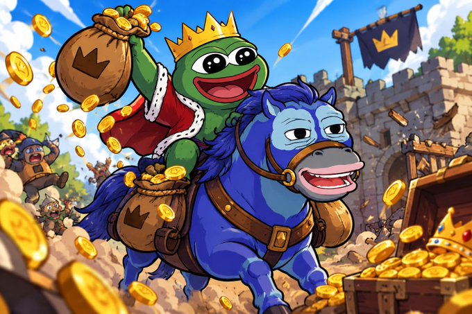 A cartoon illustration of Pepe the Frog dressed as a king riding a blue horse and carrying a sack of gold coins in a medieval siege scene, with defeated enemies in the background.